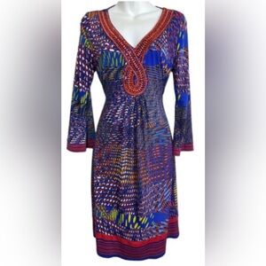 Joseph Ribkoff Multicolor V-Neck Patterned Dress
